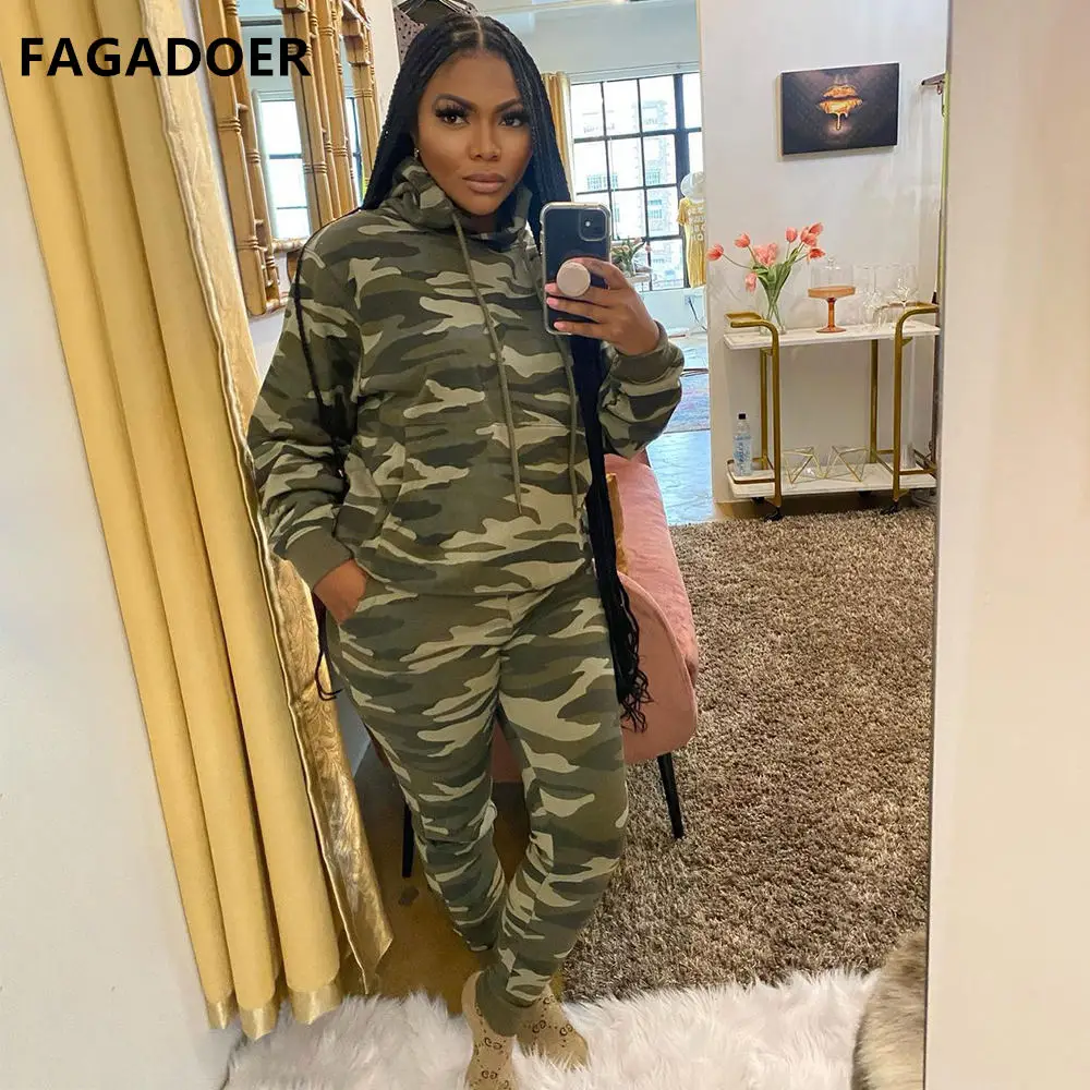 FAGADOER Women Camouflage Tracksuit Two Piece Set Casual Hoodies