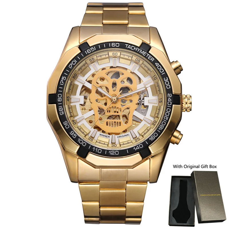 Gold Gold White- Уникальный уход за кожей лица чехол часы в форме черепа автоматические механические мужские часы спортивные мужское в деловом стиле часы - Цвет: Gold Gold White-
