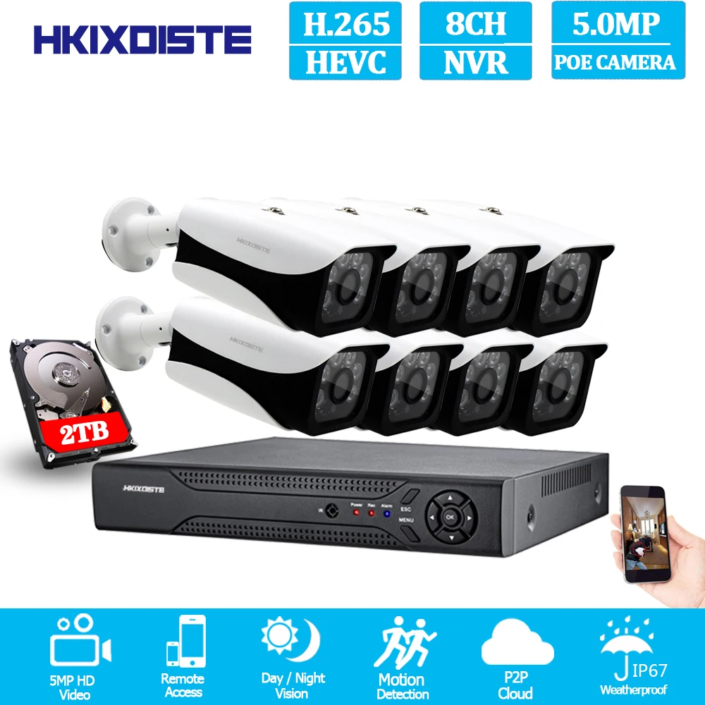 PoE NVR звукозапись 8CH 5MP 8 шт. 3,6 мм объектив 5MP IP уличная камера H.265 POE Система P2P Облачное наблюдение ПК телефон XMEYE приложение