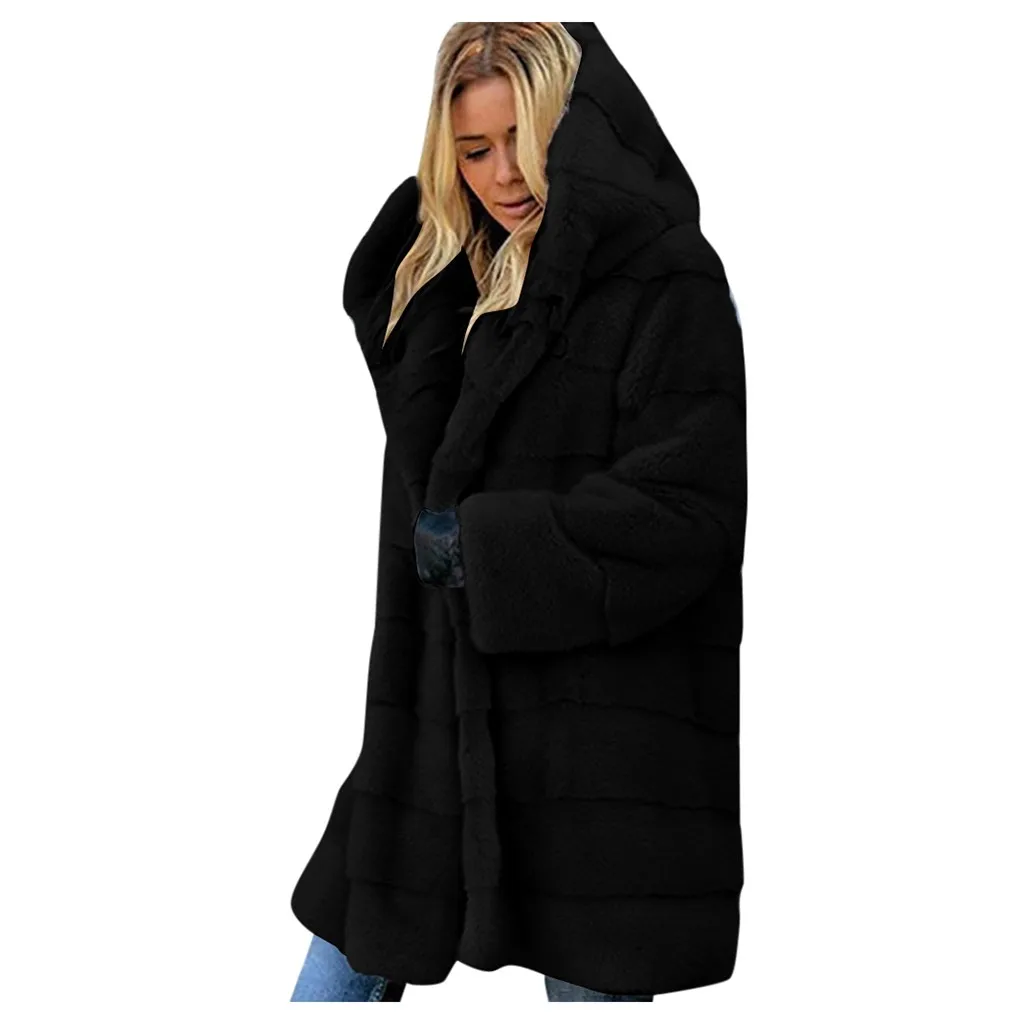Vintage fluffy hoodie faux fur coat women Winter grey jacket coat female Plus size warm long casual outerwear overcoat