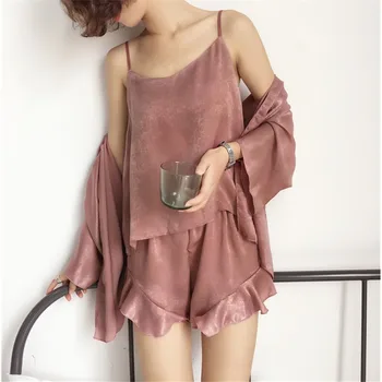 

Pajama Set Summer New Korean Style Solid Color Simple Loose Shawl Vest With Ruffle Shorts Three Piece Pajama Home Wear Women