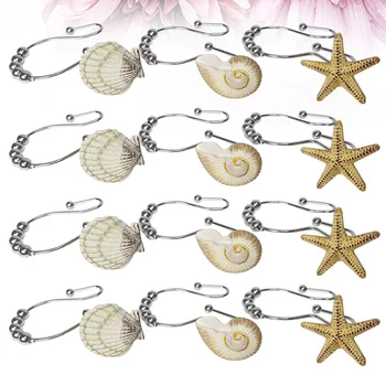 

12 Pcs Brown Shower Curtain Hooks Bathroom Curtain Rings Hangers with Ocean Themed Seahorse Seashell Designs(Mixed Style)