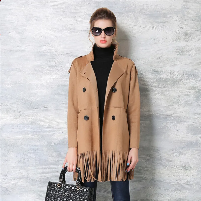 

Fashion Design Simple style Trench Fall Winter New Double-breasted Tassel Stitching Suede Windbreaker Jacket For Female M-3XL
