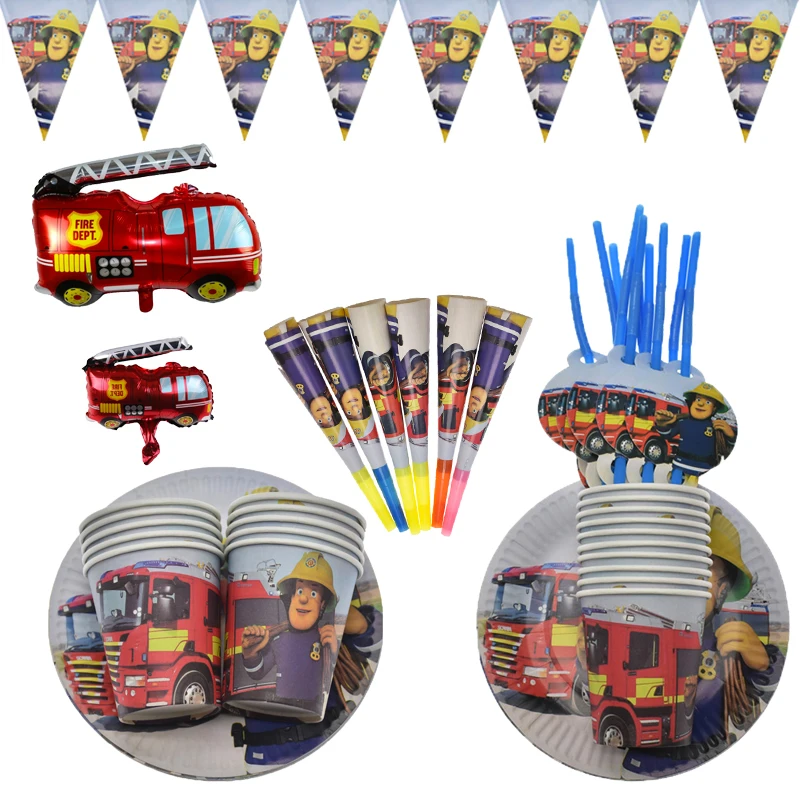 Discount Bombero Sam tema decoraciones para fiesta de cumpleaños Banner fuego del motor luchador vasos de papel temáticos placas favores bebé ducha Supelies zOKOYVxQA