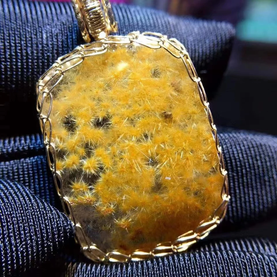 

Certificate Natural Gold Rutilated Quartz Flower Pendant Gemstone Rectangle 28.5/21mm 14K Gold Crystal Pendant AAAAA