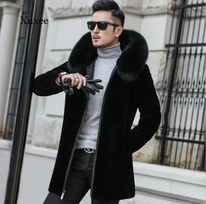 casaco de pele de inverno dos homens de manga comprida casaco de pele de raposa grossa quente com capuz de luxo moda preto bontjas peludo shaggy outerwear