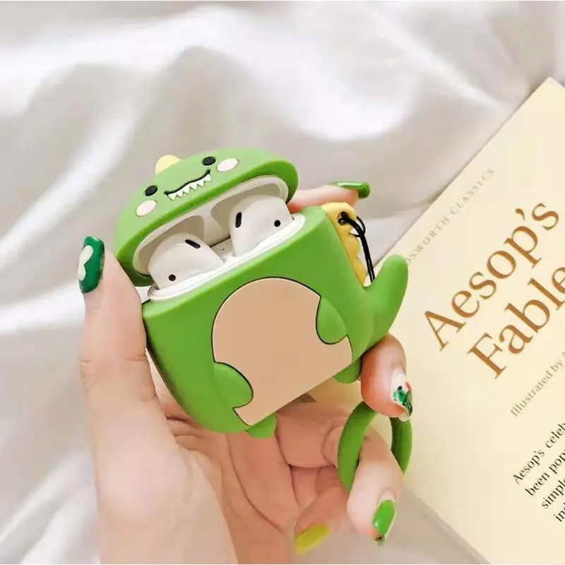 

Cartoon Dinosaur Pattern Soft Silicone Protective Case Shockproof Cover Skin Protector with Lanyard for Airpods 1/2 Charging Box