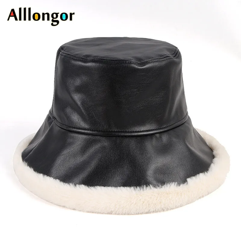 

New Fashion 2020 Cool Black Pu Leather Bucket Hat Women Faux Fur Bob Chapeau femme harajuku Hip Hop Fishing Hat Fisherman cap