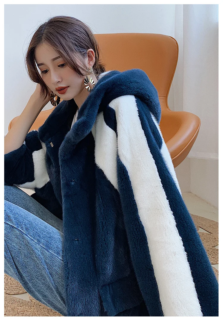 Natural Real Mink Fur Coat Hooded Women's Mink Fur Outwear