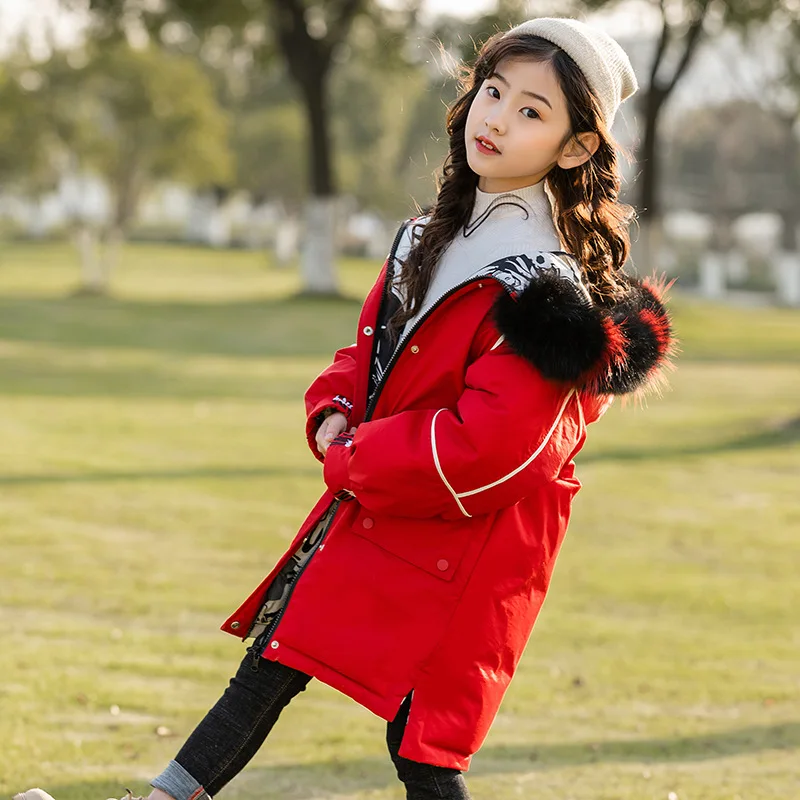 Длинный пуховик для девочек новый стиль 2019 Детское пальто с большим воротником