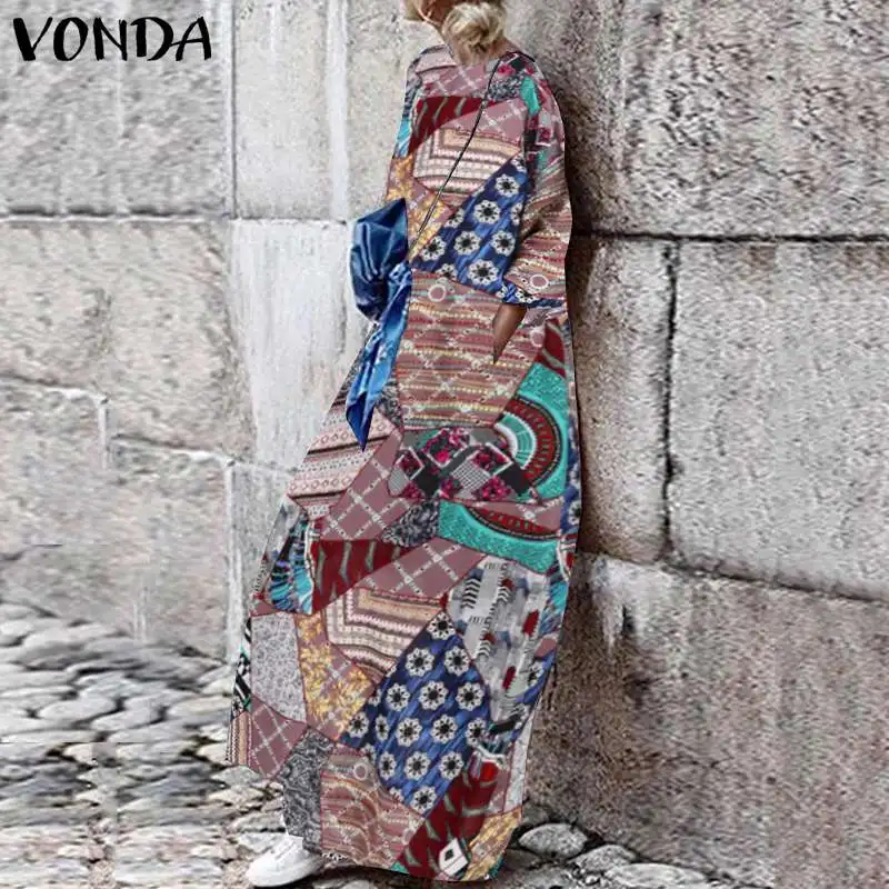 VONDA, женское Повседневное платье с длинным рукавом, праздничное платье макси, элегантное, с круглым вырезом, для вечеринки, богемное платье с оборками, Vestidos размера плюс