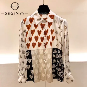 

SEQINYY Silk Shirt 2020 Summer Spring New Fashion Design Women Long Sleeve Heart Letter Print Loose Elegant Top