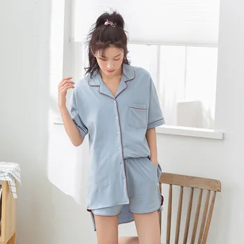 

New Cotton Casual Womens Pajamas Shorts Set Turn-down Collar Women Lingeries Loose Sleeping Clothing 2 Piece Set