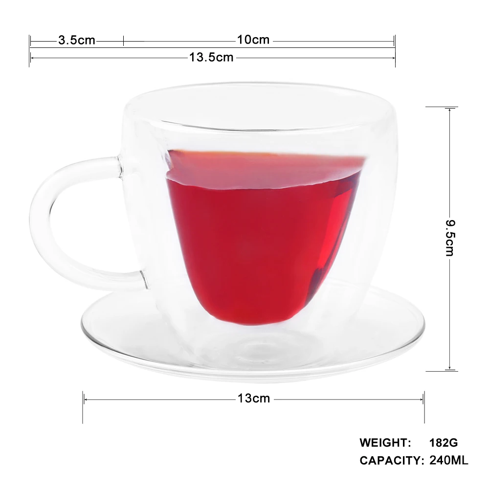 Double Wall Heart Coffee Cup With Saucer 240Ml Big Capacity Heat Resistant Glass Mug Restaurant Hotel Gift ePacket Free Shipping - Цвет: 1