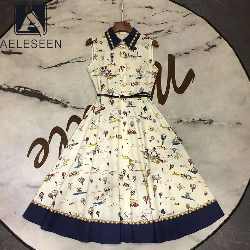 

AELESEEN Runway Fashion Women Dress Summer Turn-Down Collar Sleeveless Printed Belt Slim Elegant Party Holiday Dress Vestidos