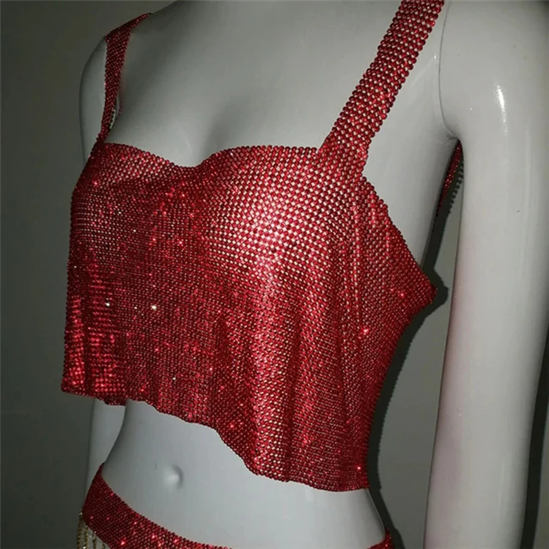 Red Sexy Gold Silver Bling Bling Sparkly Metal Rhinestones Crop Top Women Ladies Fashion Tank Camis Backless Halter Party Crop Tops - Color: Red