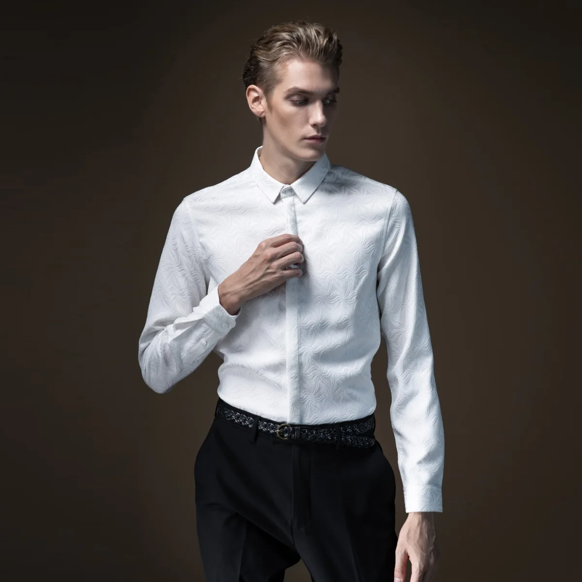 Blusas гавайская рубашка Pinli осень Новая мужская декорированная жаккардовая рубашка с квадратным воротником, не Железная Рубашка с длинными рукавами B193213047