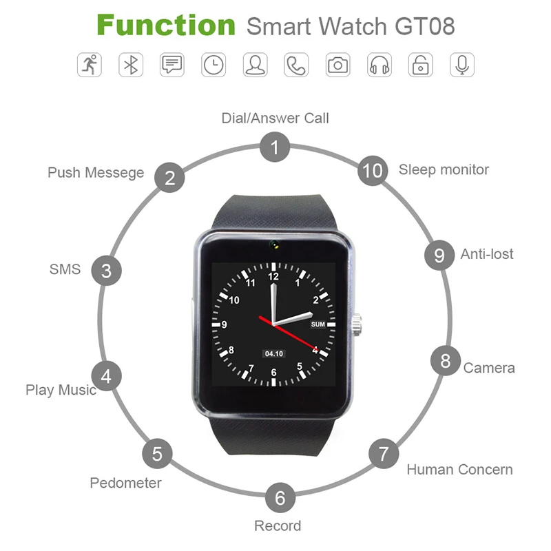 GT08 Bluetooth Музыкальные умные часы SIM карта если камера Шагомер Умные часы с сенсорным экраном для мужчин и детей для телефона Android Pk DZ09 Iwo8 A1