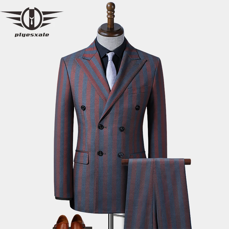 Traje de doble botonadura para hombre, traje ajustado de ancho a rayas, pantalones de boda de alta calidad, diseño de abrigo, trajes elegantes de 2 piezas Q1122