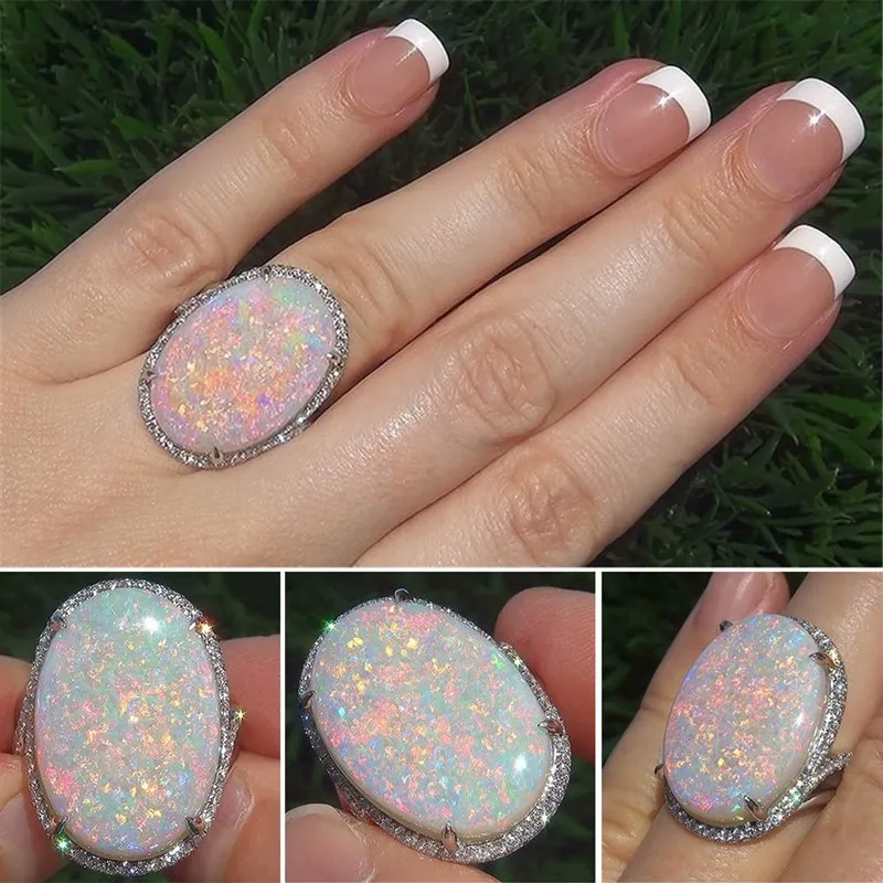 Personality Fashion Large Oval Egg Shaped Opal Ladies Ring For Women Exaggerated Crystal Wedding Ring Jewelry
