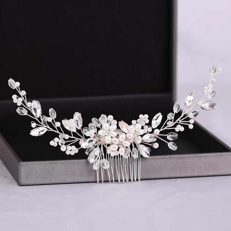 Handmade Pearls Wedding Hair Accessories Silver Color Tiara Hair Combs For Women Cheap Band Bridal Jewelry Headpiece