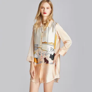 

2020 Spring Summer Nightdress Women Print Sleepshirts Long Sleeve Sleepwear Silk Nightwear Cute Nightshirts Satin Nightgowns