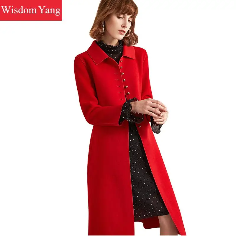 

Winter Cashmere Coats Womens Red Long Sheep Wool Fleece Woolen Clothes Bodycon Autumn Outerwear Overcoat Korean Coats Female