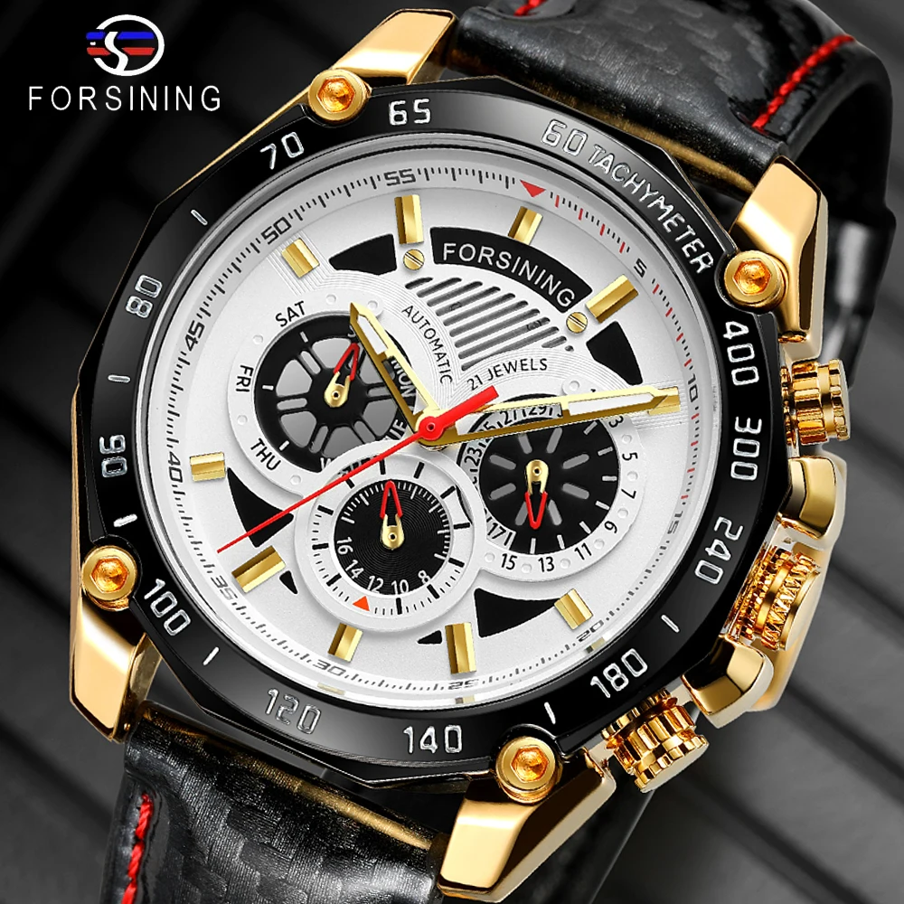 

Forsining Luxury Mens Golden Watches Automatic Multifunction Waterproof Date Calendar Sports Steel Strap Mechanical Wrist Watch