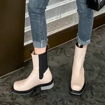 

Luxury Genuine Leather Platform Heels Ankle Boots Women Personalized Motorcycle Chelsea Boots Woman Black White Short Boots 2020