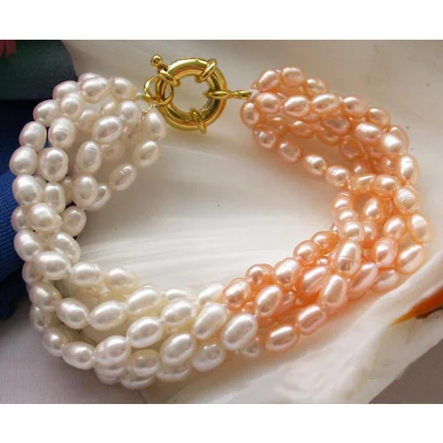 

Unique Pearls jewellery Store 6row 8'' Pink White Rice Freshwater Cultured Pearl Bracelet Fine Jewelry Charming Women Gift