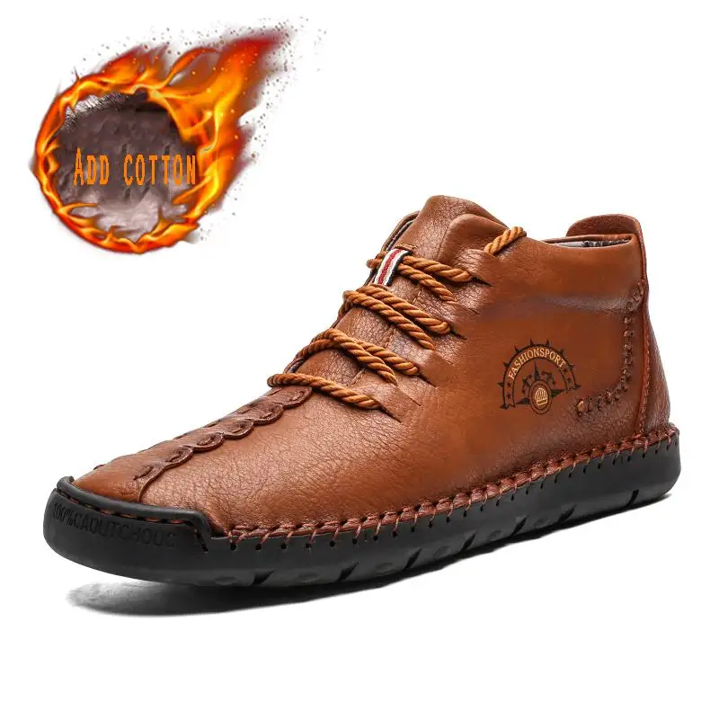 Г. Новые мужские ботинки теплые зимние ботинки на меху модная мужская обувь из плюша на шнуровке зимние теплые мужские кожаные ботильоны большой размер 38-50 - Цвет: Brown cotton