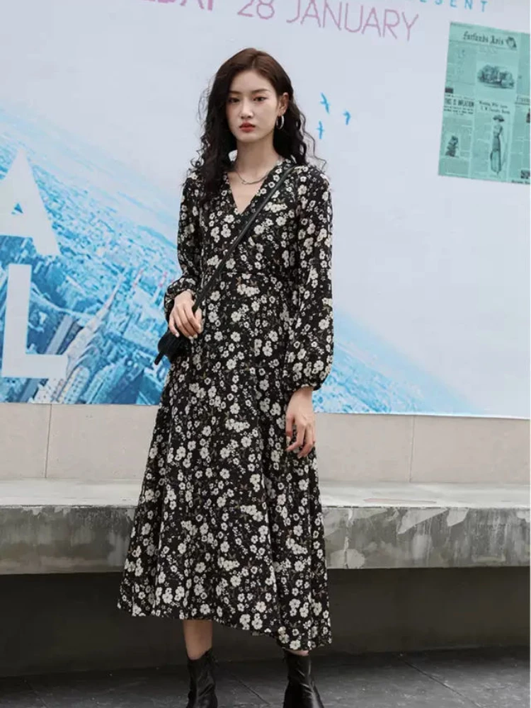 Long Sleeve Dress Women Floral Printing Temperament All-match Leisure A-line V-neck Stylish Female Streetwear Vestido Ulzzang wrap dress