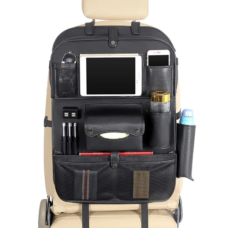 Car Back Seat Organizer 4 Usb Multi Pocket Leather Car Storage Bag Car Rear Seat Organizer For Uber/Lyft Users