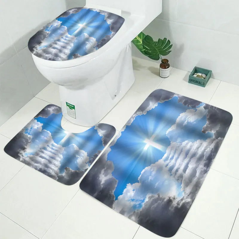 4 Pcs Break Through the Clouds Waterproof Bathroom Shower Curtain Toilet Cover Mat Non-Slip Floor Mat Rug with 12 Hooks