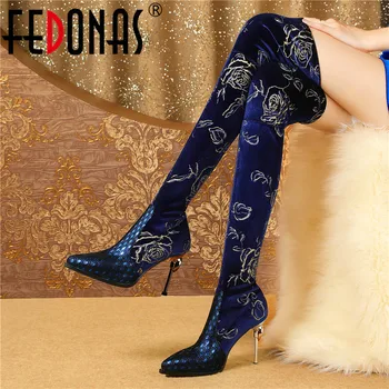 

FEDONAS Women Over The Knee Boots 2020 Autumn Winter High Heels Boots for Women Elegant Embroider Party Prom Dancing Shoes Woman