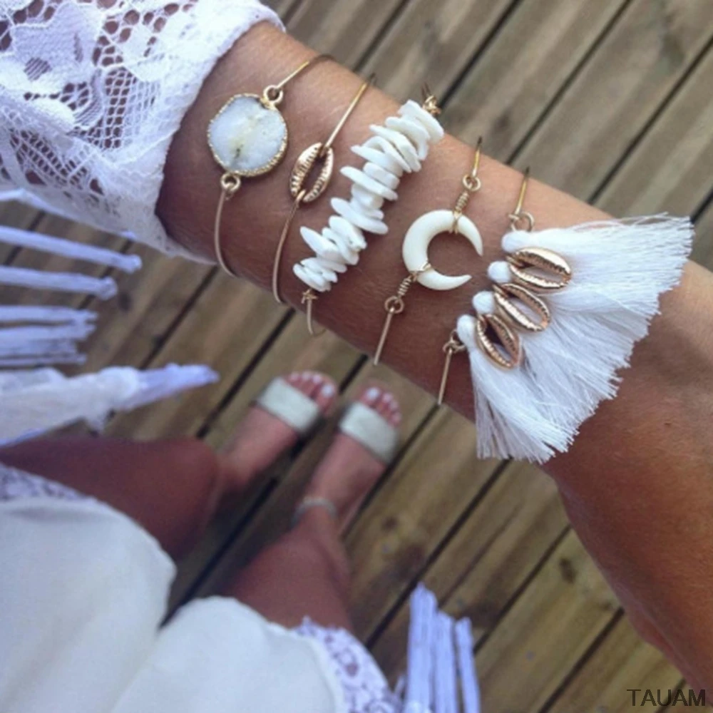 

Bohemian Bracelets Personality Gem Moon Shell Tassel Irregular Natural Stone Gold Bracelet Set 2019 1 order