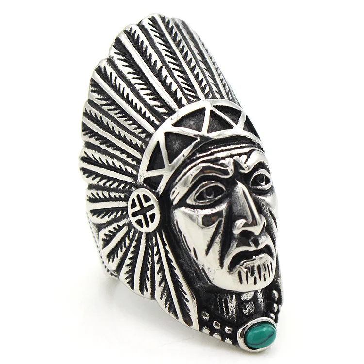 Sinogaa Charm Indian Tribe Chief Finger Rings for Women Party Gift Fashion Stainless Steel Jewelry With Green Nature Stone | Украшения и