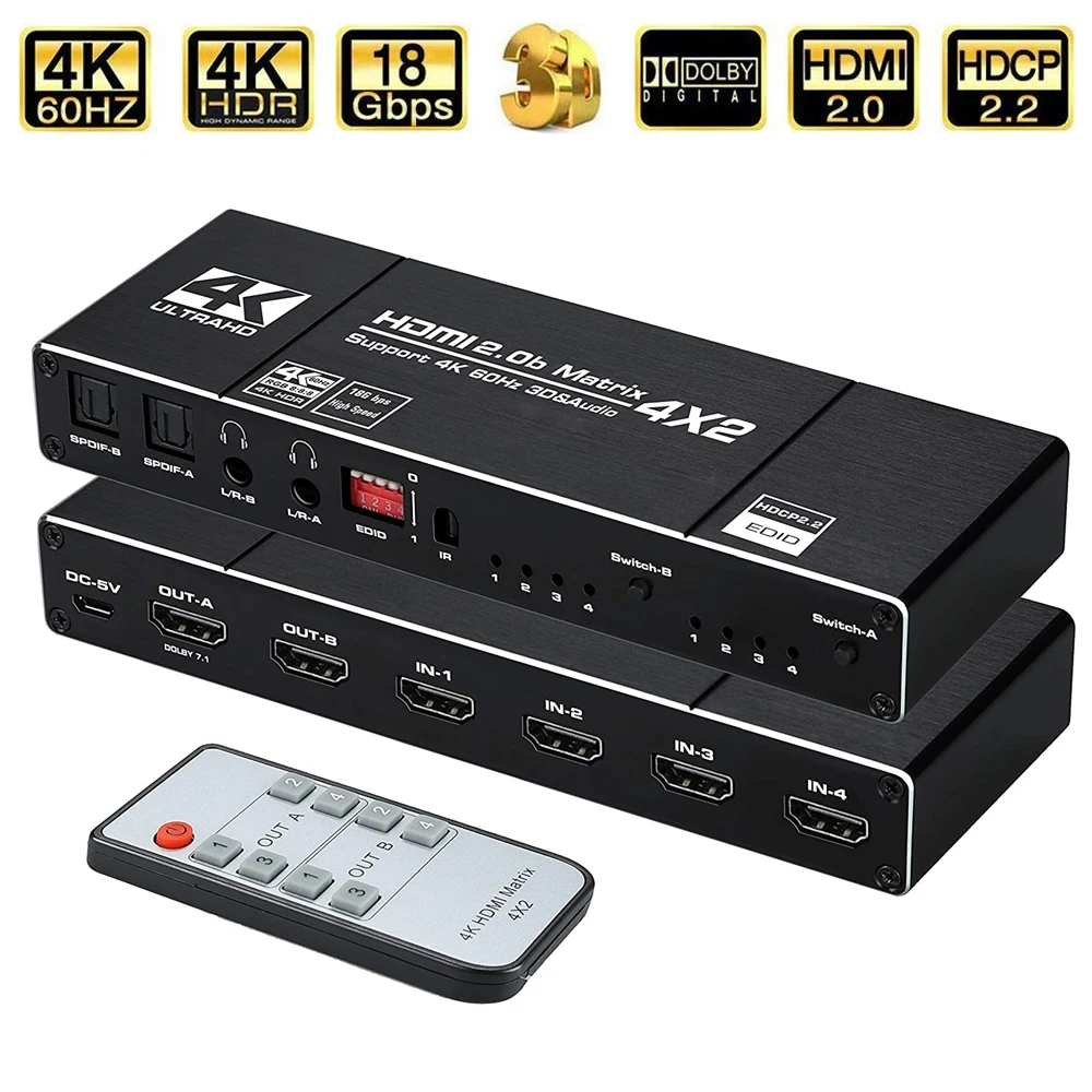2023 4X2 Matrix Switch Splitter Con Spdif E L/R 3.5Mm Hdr Hdmi Compatibile Switch 4X2 Supporto Hdcp 2.2 Arc 3D 4K @ 60Hz Per Ps5