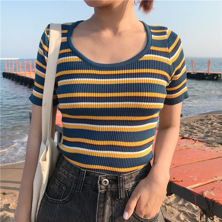 Трикотажные футболки в полоску с круглым вырезом и коротким рукавом для девочек женские толстовки контрастного цвета трикотажная футболка тонкие Топы для женщин