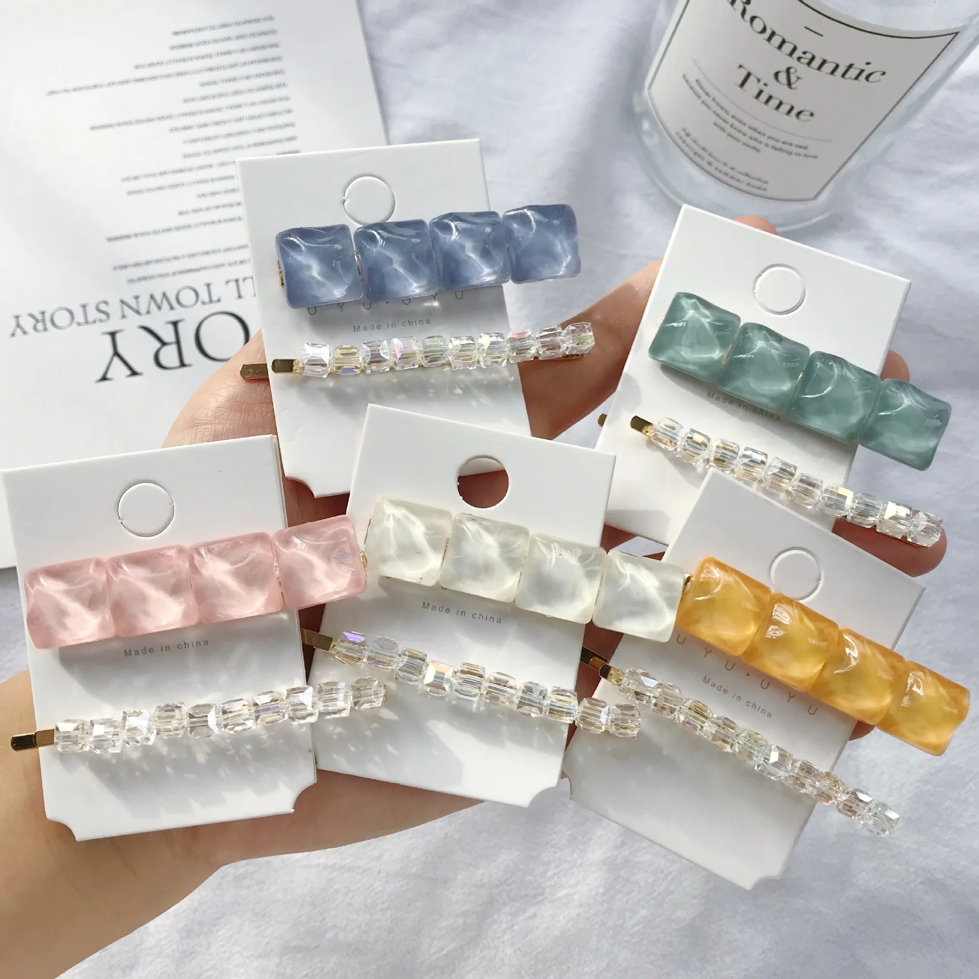 

Korea Dongdaemun Water Ripple Square Crystal Hairpin online celebrity Simple Temperament Original Stone Duckbill Clip Set