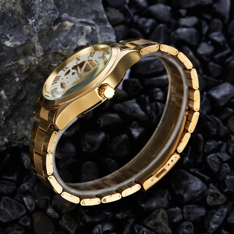 

Gold-Tone Fully Automatic Mechanical Wrist Watch Stainless Steel Strip MEN'S Watch Hollow out Analog Watch Dragon Table