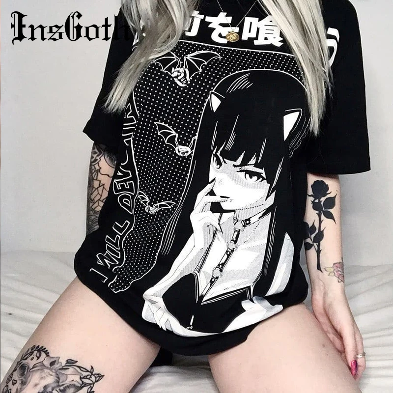 InsGoth Harajuku Свободные Длинные футболки женские Готический уличный сверхразмерный Черный футболки Гранж Печатные Модные женские винтажные Топы