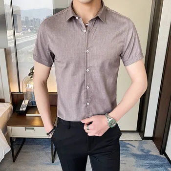 

4XL-M British Style Chemise Fashion 2020 Summer Short Sleeve Shirt Men Solid No iron Anti-wrinkle Slim Fit Shirts For Men