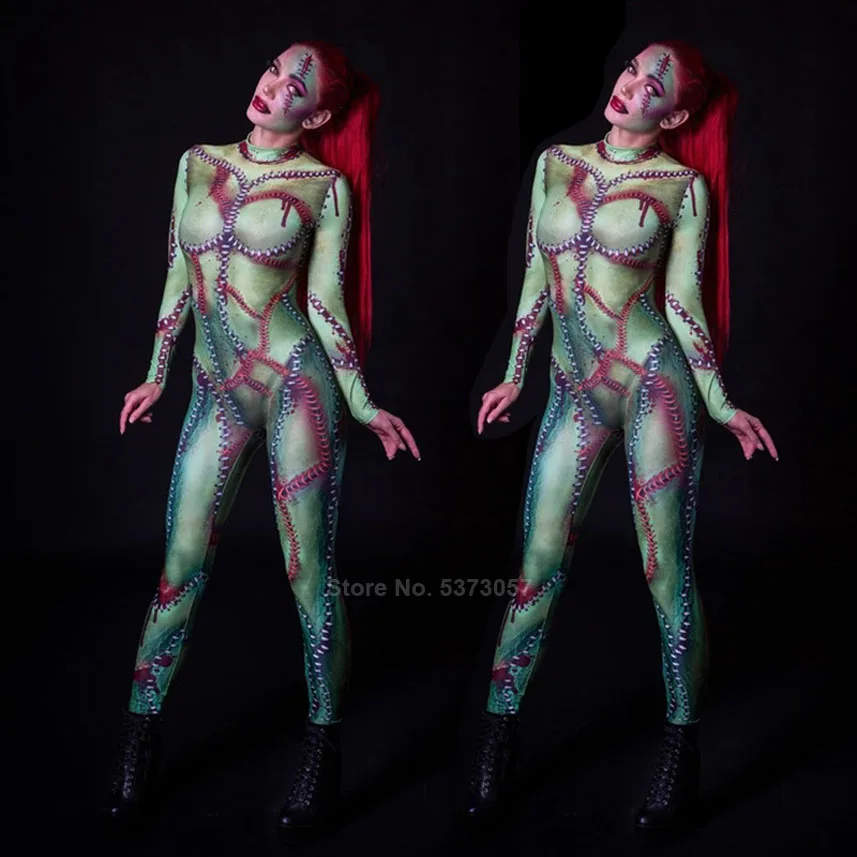 3D Printing Women Halloween Cospaly Costumes Female Zombie Ghost Carnival Party Role-play Sexy Tight Scary Jumpsuit Bodysuit