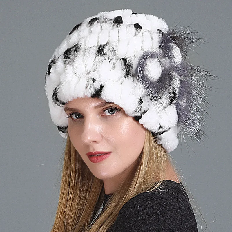 

Luxury Winter Women Beanie Hat Genuine Rex Rabbit Fur Hat Lady Fashion Striped Head Top Warm Real Fur Knit Caps