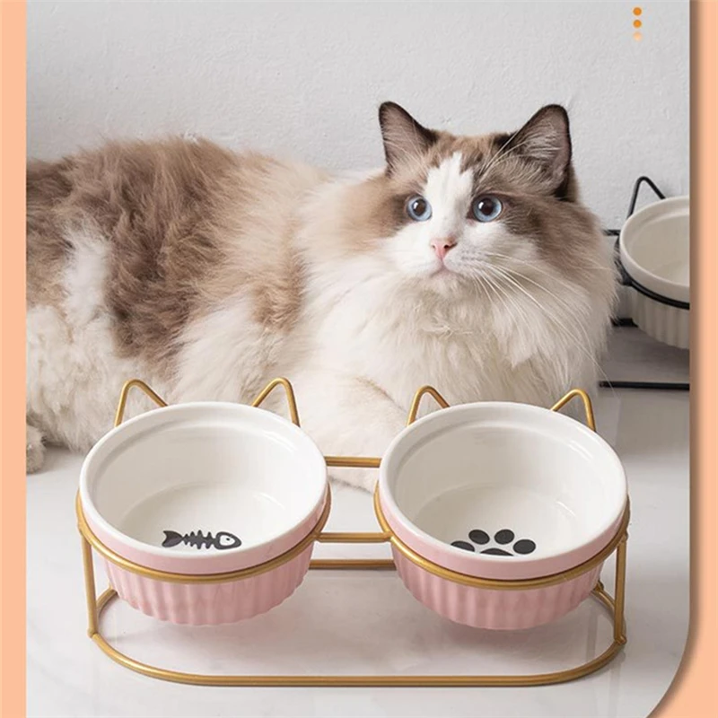 

Cute Cat Dog Feeders Bowls Double Ceramic Bowls Iron Frame Anti-slip Protection Pet Feeding Drinking Bowls Water Food Dishes