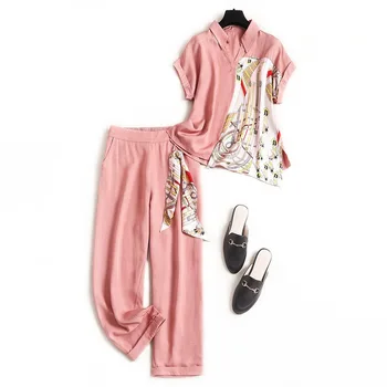 

Women casual floral Embroidery 3D Flower Tshirts +chiffon pants 2pcs Clothing Sets Summer Casual Suits
