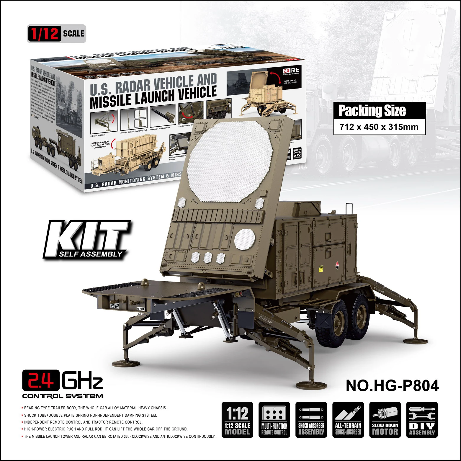 1/12 USA Missile Launcher Car Radar Military Truck  Offroad Unassembled Model KIT DIY Self-Assembly MenToy HobbyToki HG-804 805 3