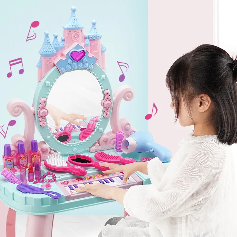 

Music Piano Dressing Table Princess Dressing Table Girl Cosmetics Kids Hair Dryer girl pretend make up toys gift for children