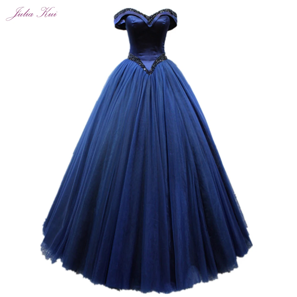 

Julia Kui Strapless Navy Blue A-Line Evening Dress With Rhinestones On The Sweetheart Neckline Vestido De Festa
